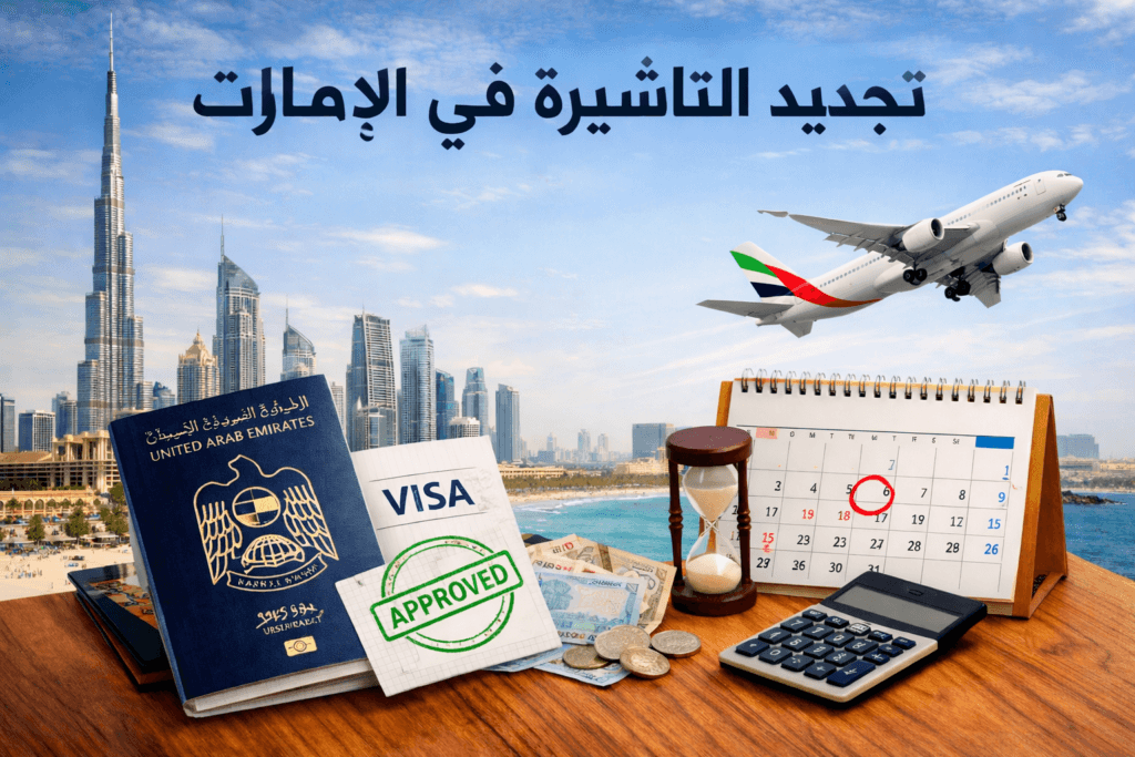 تجديد التأشيرة في الإمارات مع جواز سفر وتأشيرة موافقة وخلفية دبي وبرج خليفة