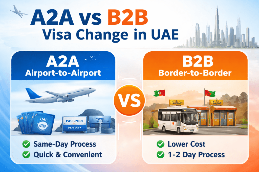 A2A vs B2B visa change UAE comparison showing airport to airport and border to border visa process