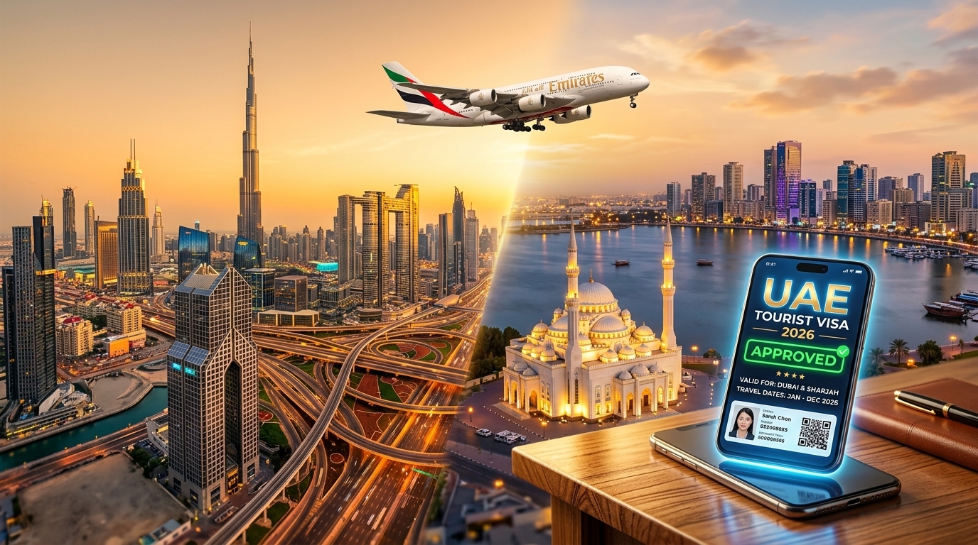 تأشيرة دبي والشارقة السياحية 2026 دليل استخراج فيزا زيارة الشارقة ودبي أونلاين